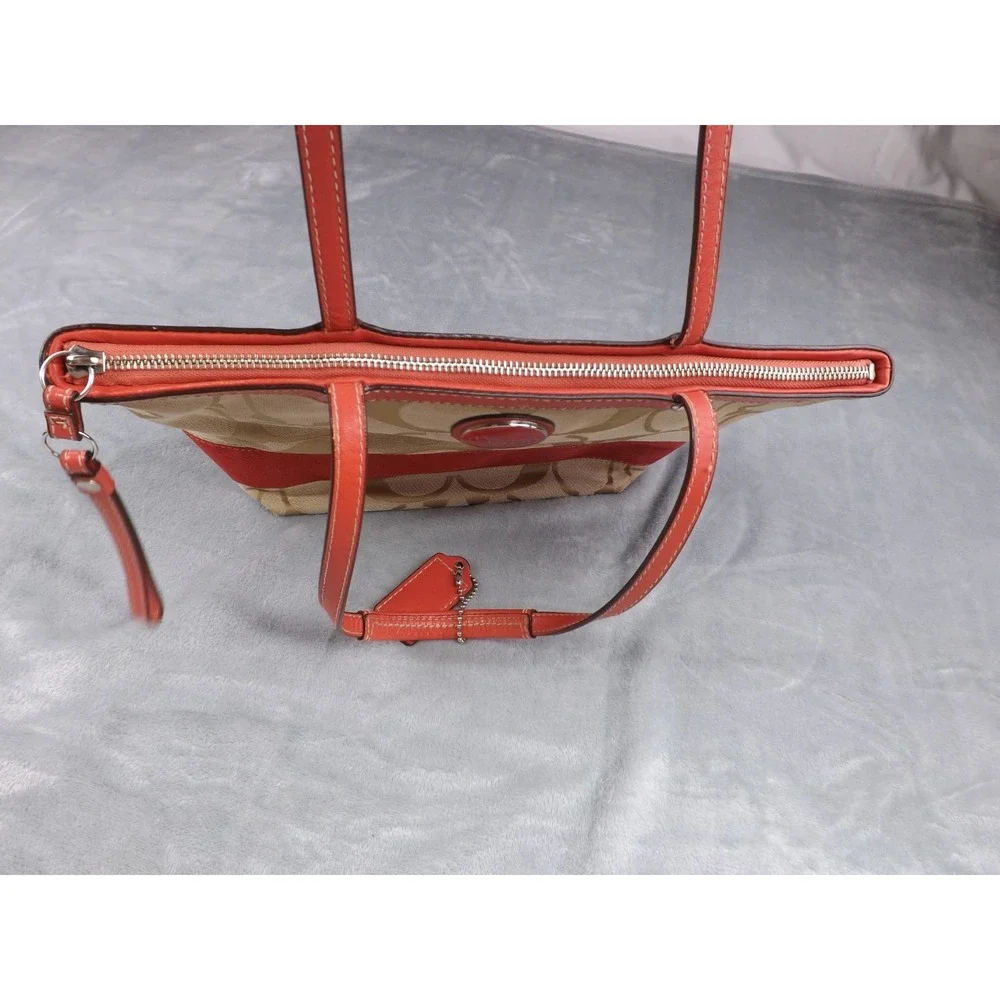 Coach Signature Stripe Tote/Bag/Purse Pink & Khaki Leather & Canvas E1020-F15112